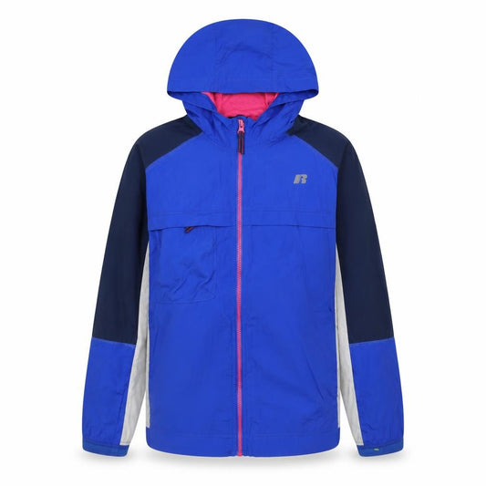 Front view of Russell girls’ blue lightweight hooded windbreaker jacket, size 18
