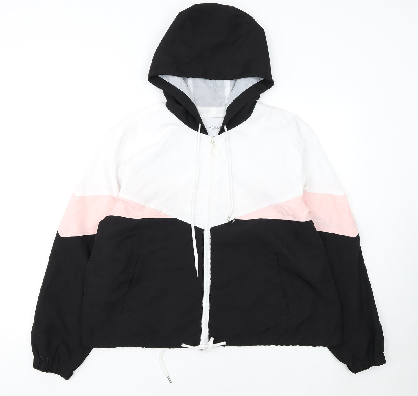 Angel Kiss Women's Black Pink White Hooded Windbreaker Jacket L