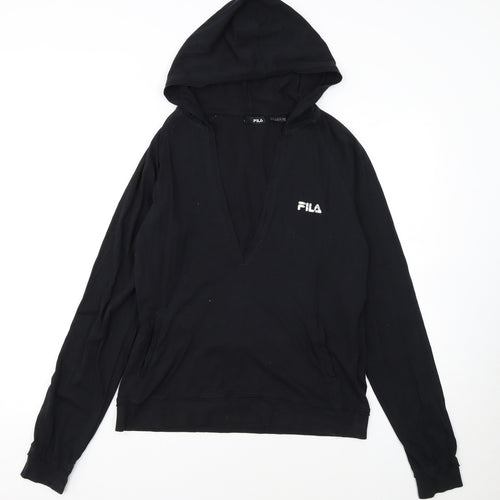 FILA Womens Black Pullover Hoodie Size 14 V-Neck Logo Sweatshirt