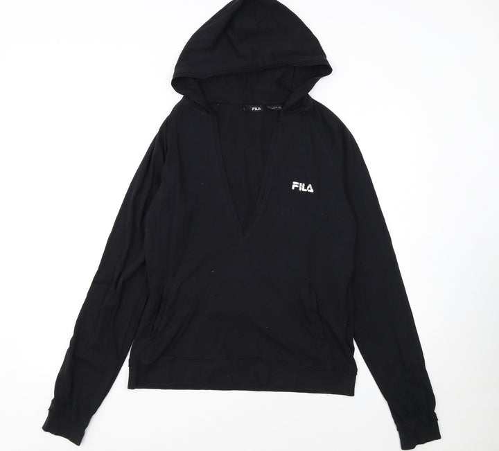 FILA Womens Black Pullover Hoodie Size 14 V-Neck Logo Sweatshirt