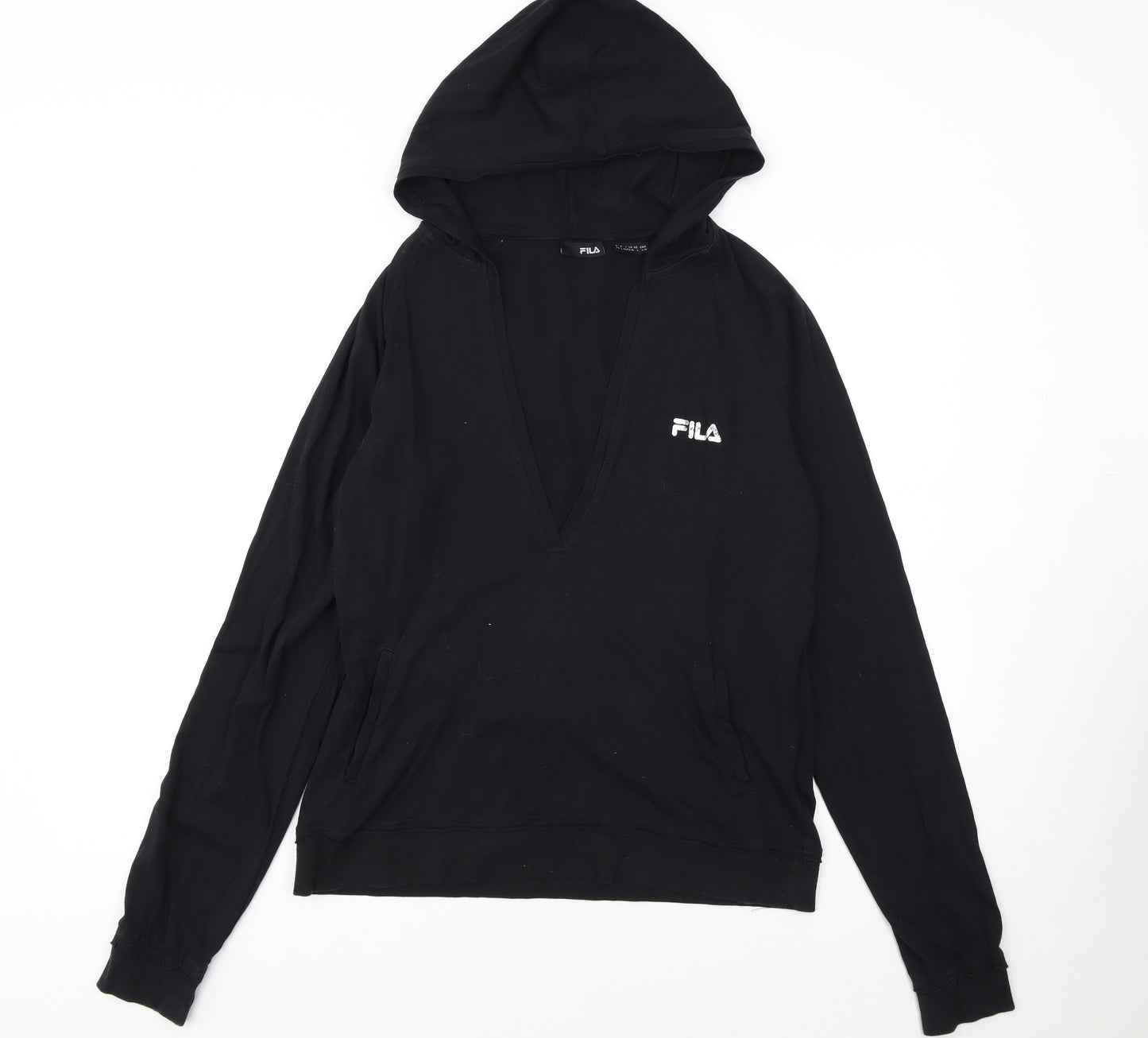 FILA Womens Black Pullover Hoodie Size 14 V-Neck Logo Sweatshirt