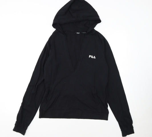 FILA Womens Black Pullover Hoodie Size 14 V-Neck Logo Sweatshirt