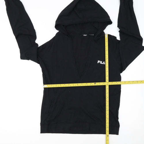 FILA Womens Black Pullover Hoodie Size 14 V-Neck Logo Sweatshirt