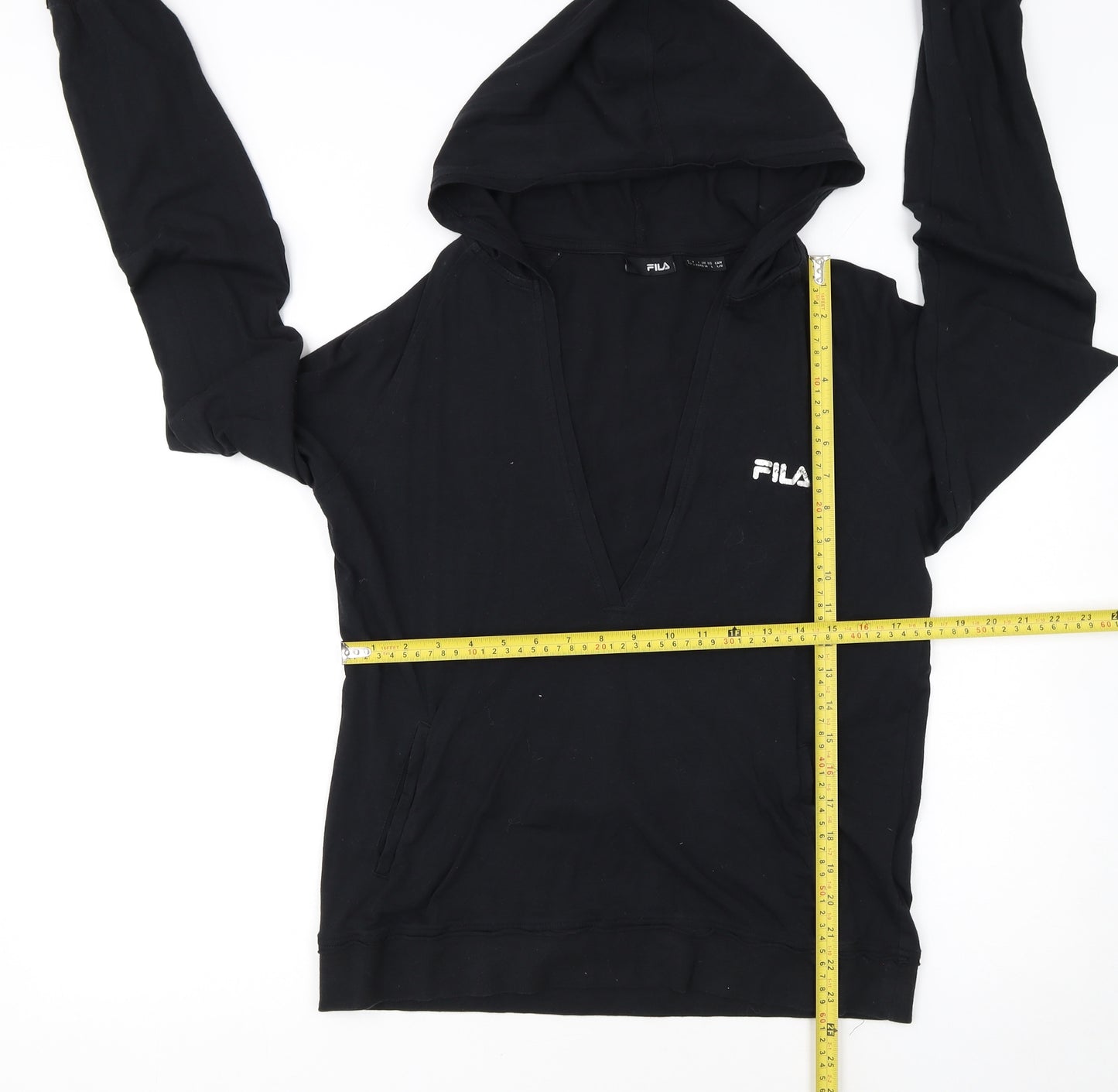 FILA Womens Black Pullover Hoodie Size 14 V-Neck Logo Sweatshirt