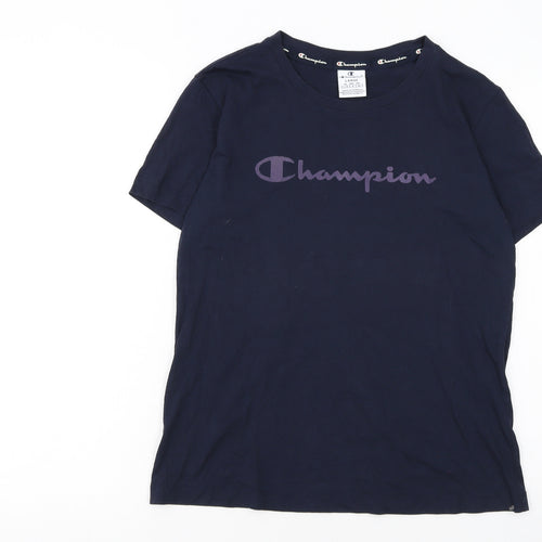 Champion Women Navy Blue Logo T-Shirt L Short Sleeve Cotton