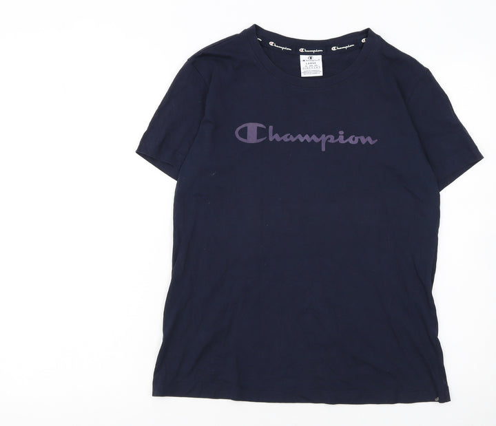 Champion Women Navy Blue Logo T-Shirt L Short Sleeve Cotton
