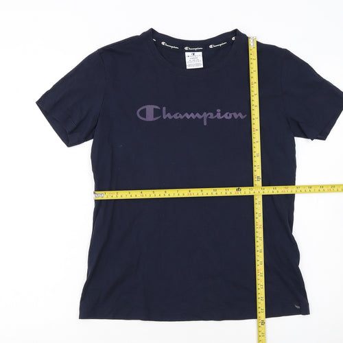 Champion Women Navy Blue Logo T-Shirt L Short Sleeve Cotton