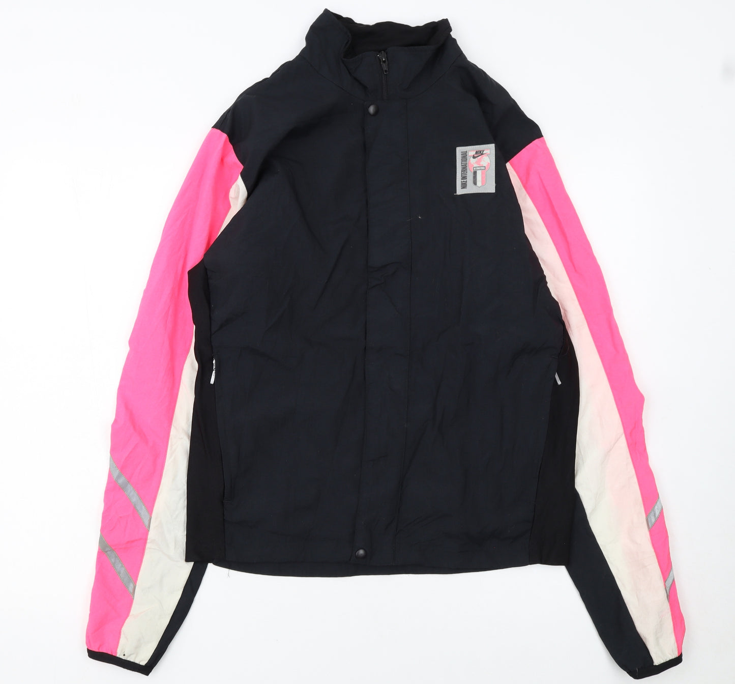 Nike Womens Black Pink Windbreaker Jacket Size L Reflective Panels
