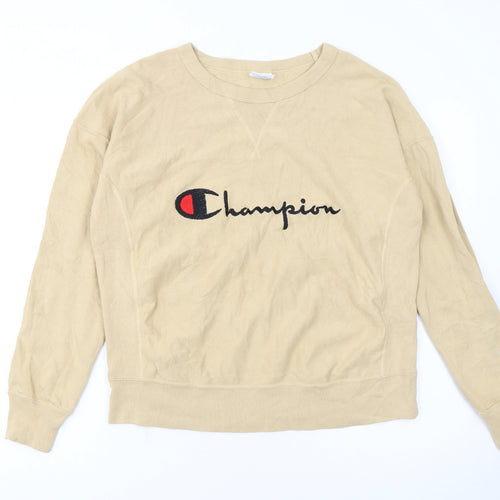 Champion Womens Beige Reverse Weave Sweatshirt Large Logo Crew Neck