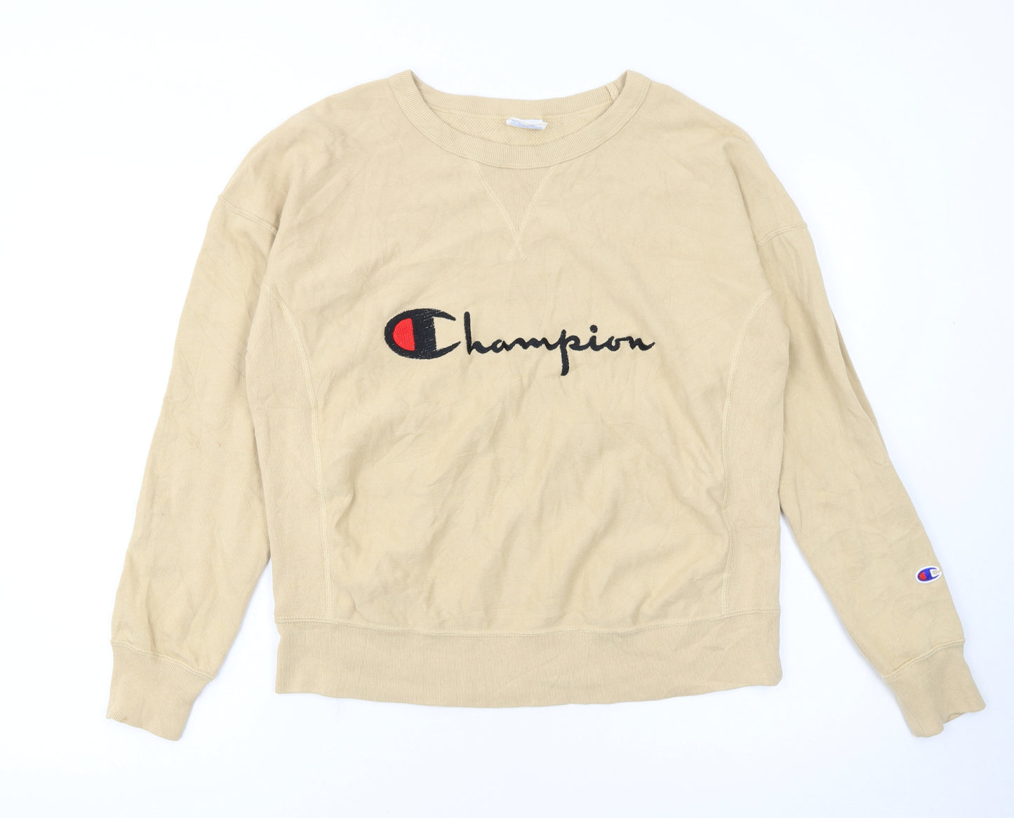 Champion Womens Beige Reverse Weave Sweatshirt Large Logo Crew Neck