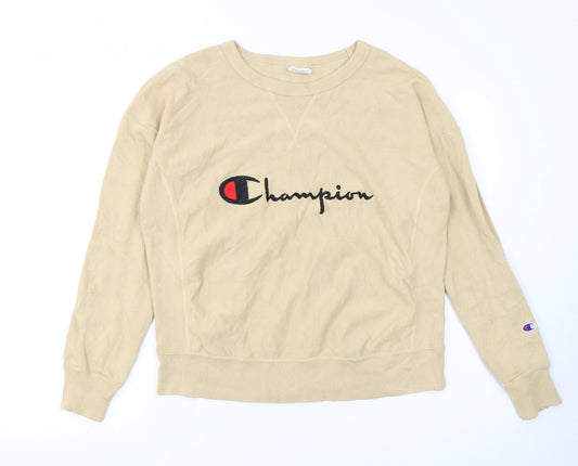 Champion Womens Beige Reverse Weave Sweatshirt Large Logo Crew Neck