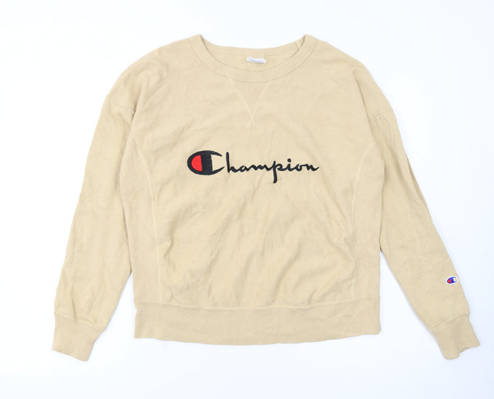 Champion Womens Beige Reverse Weave Sweatshirt Large Logo Crew Neck