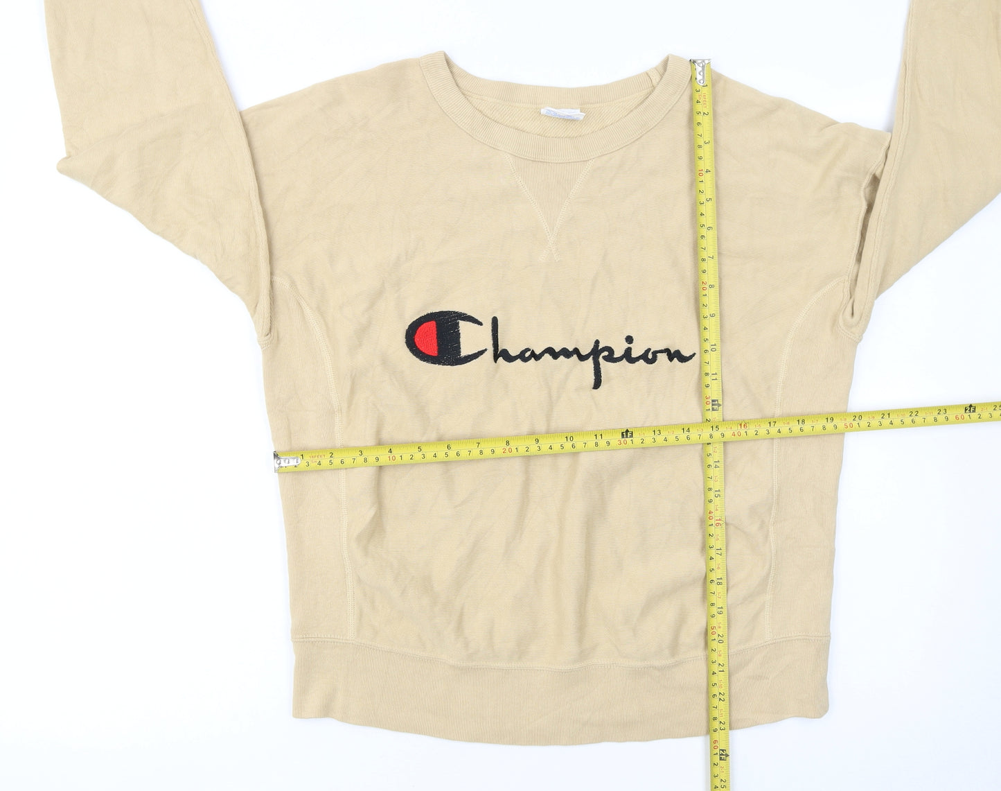 Champion Womens Beige Reverse Weave Sweatshirt Large Logo Crew Neck