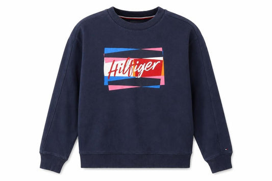 Front view of Tommy Hilfiger girls’ navy blue pullover sweatshirt, size 164, cotton blend