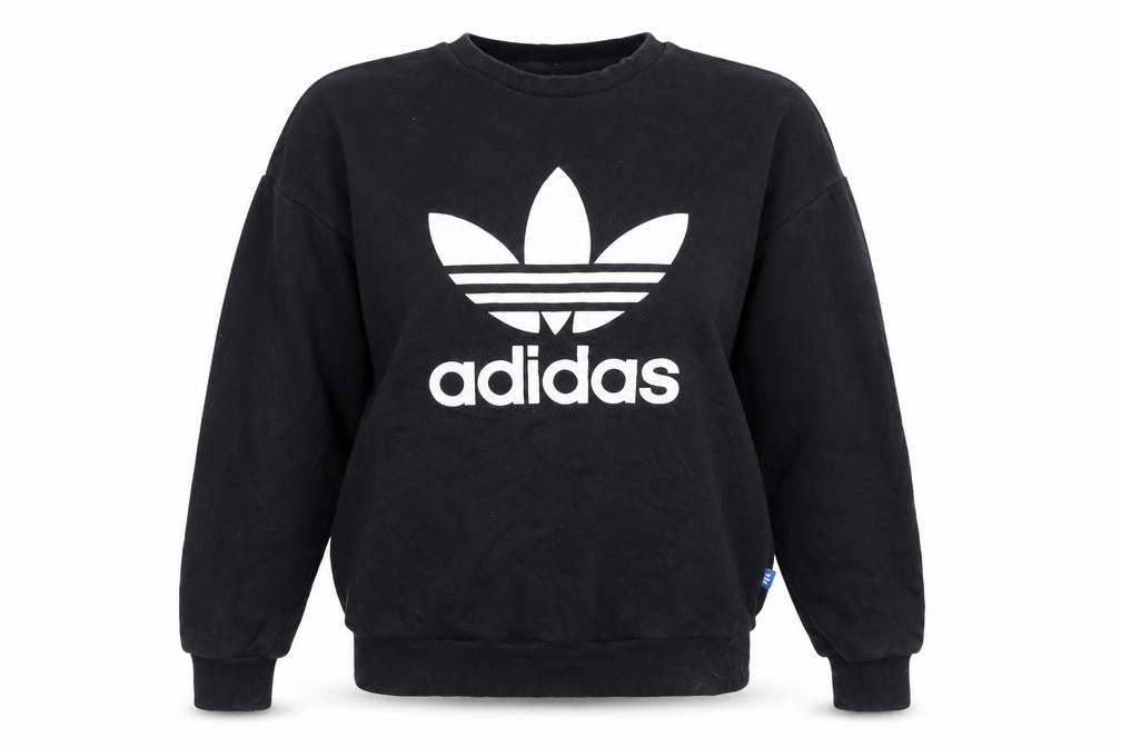 Front view of Adidas women’s black, size UK 6, crew neck pullover sweatshirt