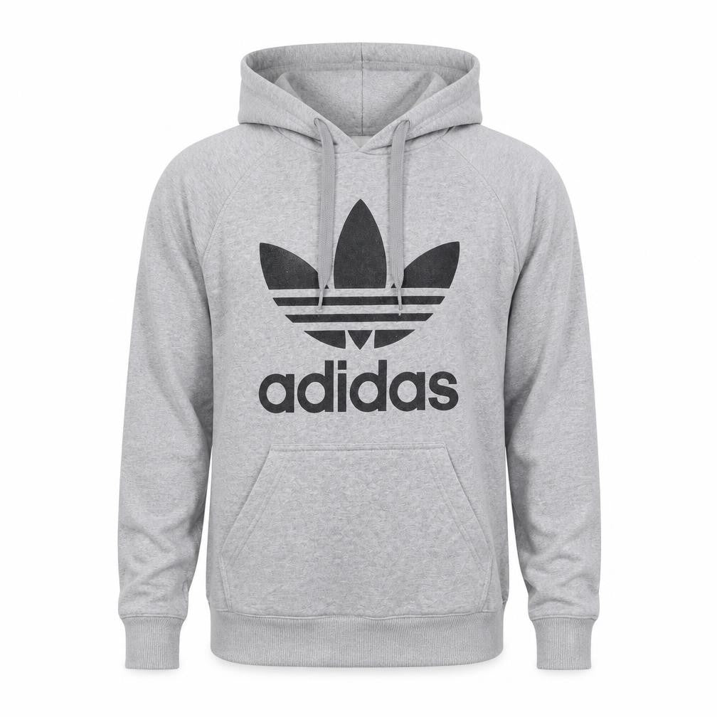 Front view of Adidas Men's Grey Pullover Hoodie Small Logo Fleece Sweatshirt