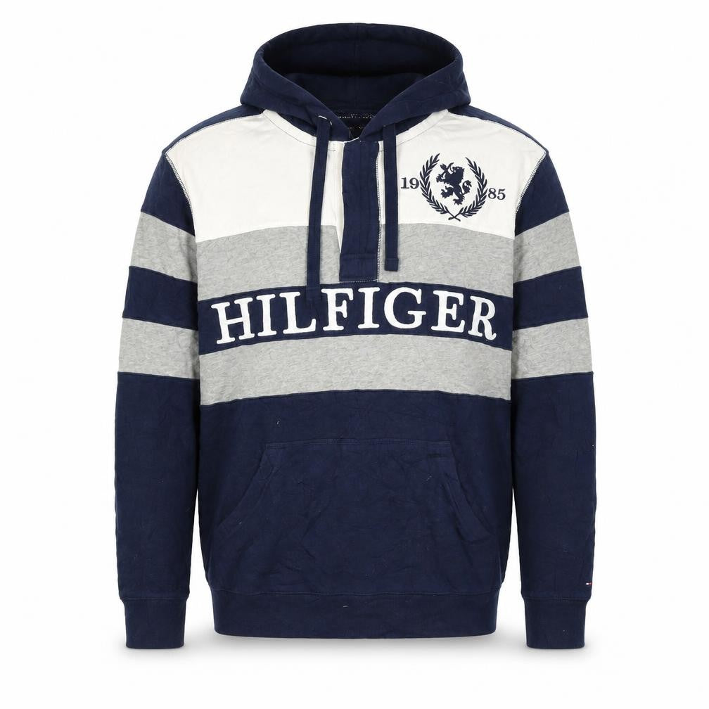Front view of Tommy Hilfiger Men's Blue Striped Pullover Hoodie, size M