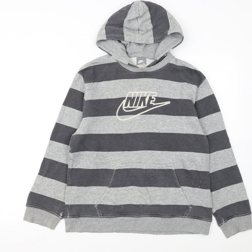 Nike Boys Grey Striped Pullover Hoodie L 12/13 Years Hooded Fleece Sweatshirt