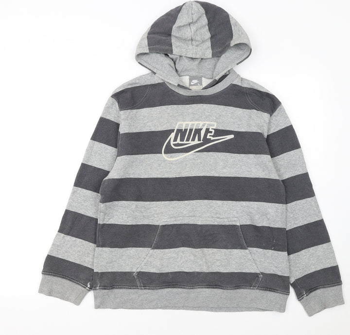 Nike Boys Grey Striped Pullover Hoodie L 12/13 Years Hooded Fleece Sweatshirt