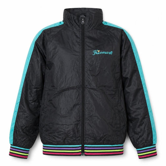 Front view of Kissmark girls’ black & aqua track jacket, size 12-13, years lightweight zip