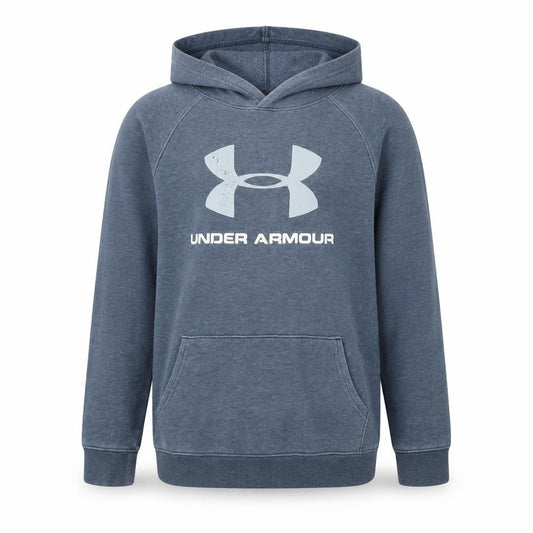 Front view of Under Armour boys’ blue yxl pullover hoodie with logo graphic