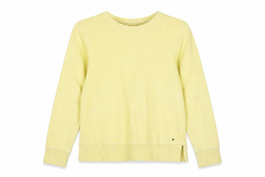 Front view of Tommy Hilfiger Women Yellow Cotton Crew Neck Pullover Sweatshirt M
