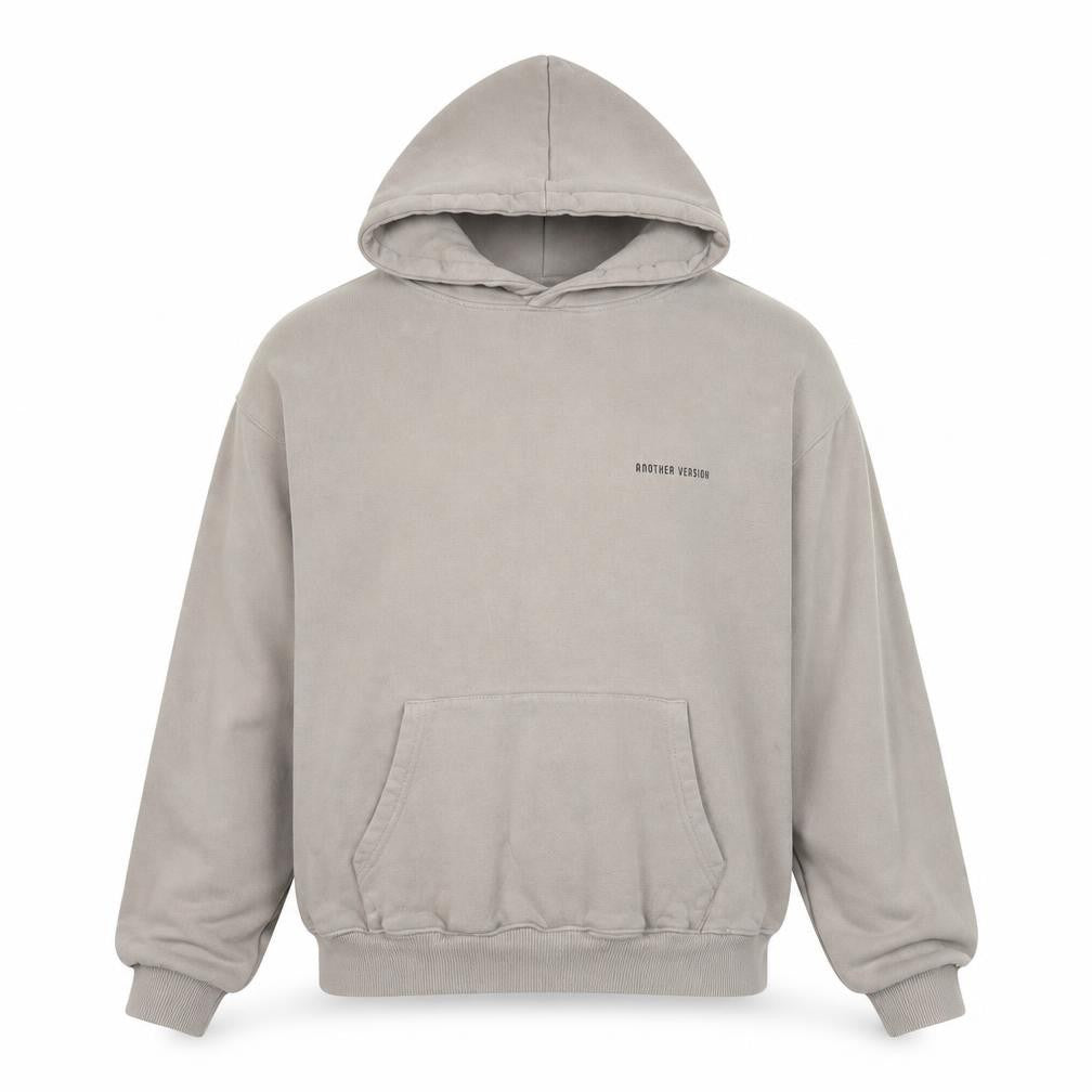 Front view of Another Version Men's Beige Pullover Hoodie, size S, Cotton