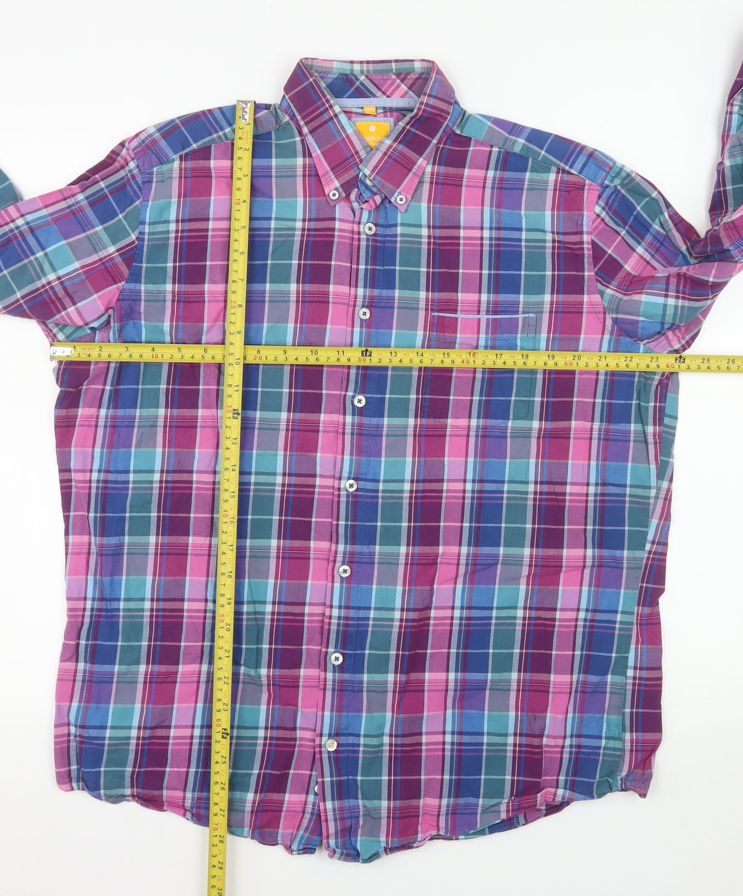 Redmond Casual Men's Blue Pink Plaid Button-Up Shirt XL Cotton