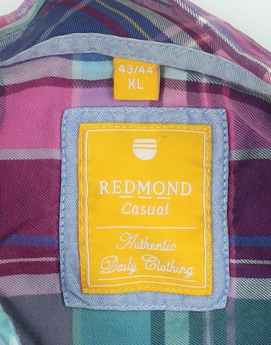 Redmond Casual Men's Blue Pink Plaid Button-Up Shirt XL Cotton