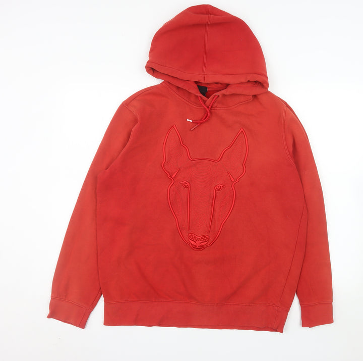 H&M Mens Red Hoodie Medium Pullover Embroidered Animal Graphic Sweatshirt
