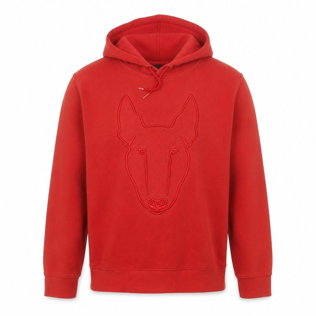 Front view of H&M men’s red hoodie medium pullover embroidered animal graphic sweatshirt