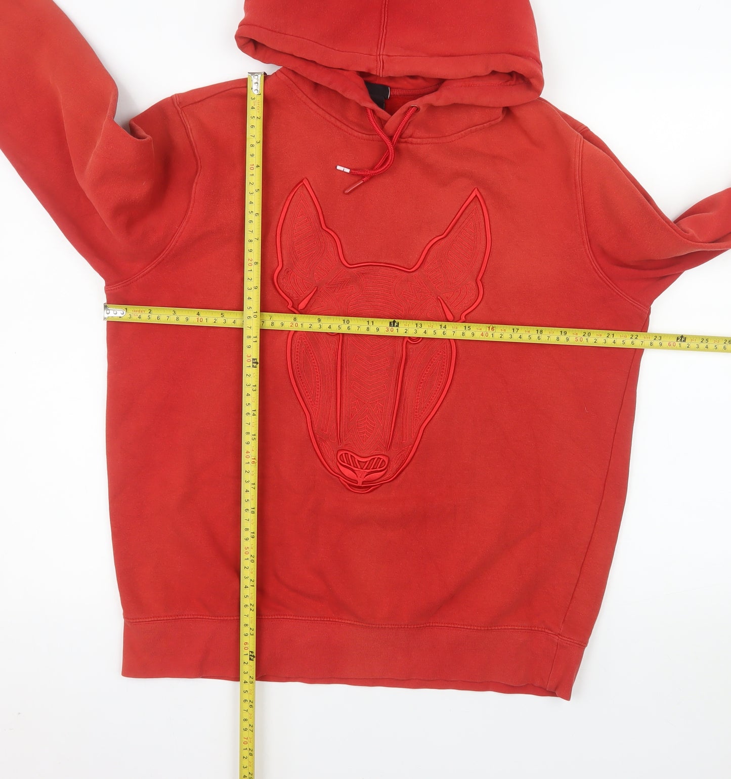 H&M Mens Red Hoodie Medium Pullover Embroidered Animal Graphic Sweatshirt