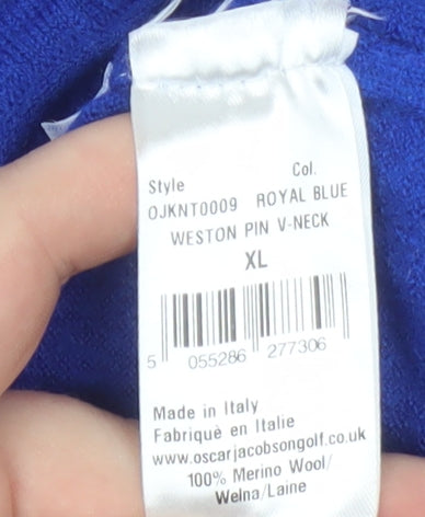 Oscar Jacobson Mens Blue Wool V-Neck Pullover Jumper XL
