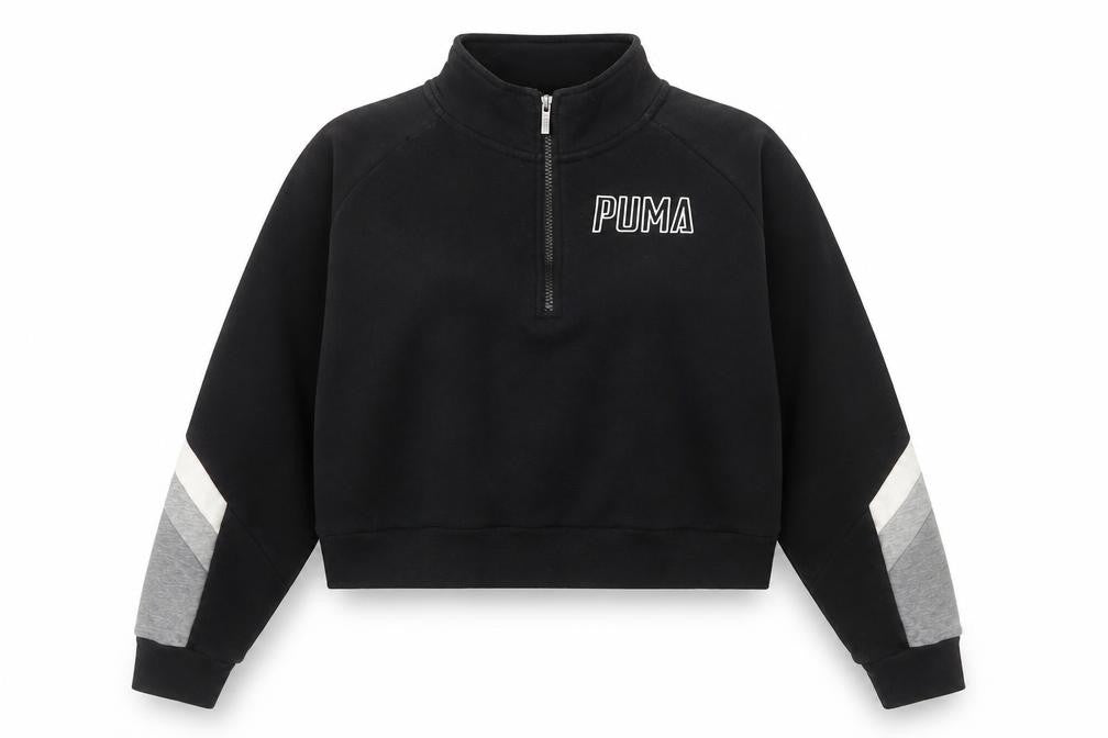 Front view of Puma women’s black 1/4 zip cropped sweatshirt medium