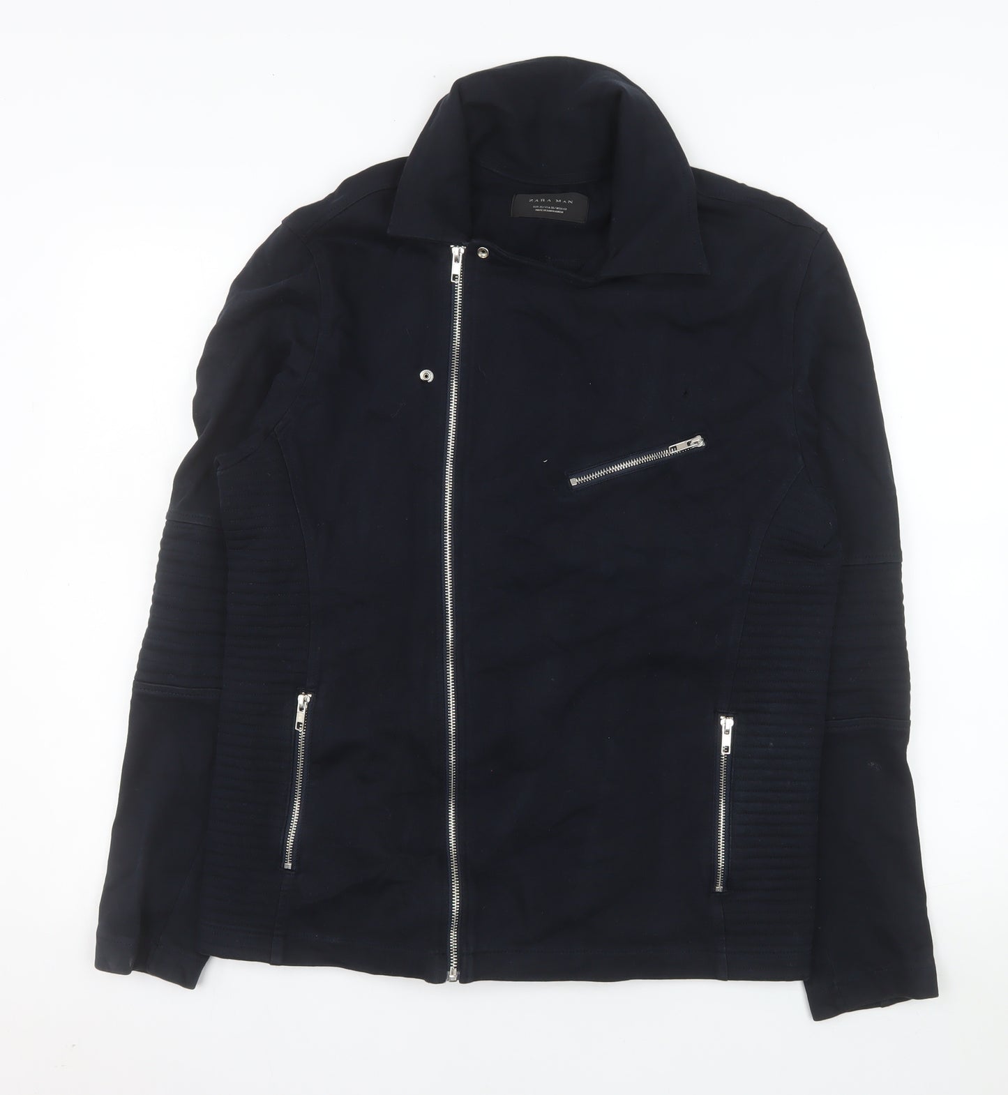 Zara Man Men's Black Cotton Biker Jacket XL Zip Pockets Classic Style