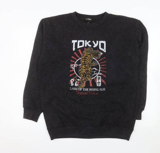 QED London Men's Black Tokyo Tiger Graphic Pullover Sweatshirt L