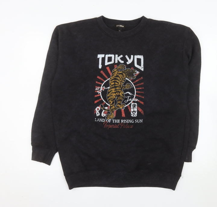 QED London Men's Black Tokyo Tiger Graphic Pullover Sweatshirt L