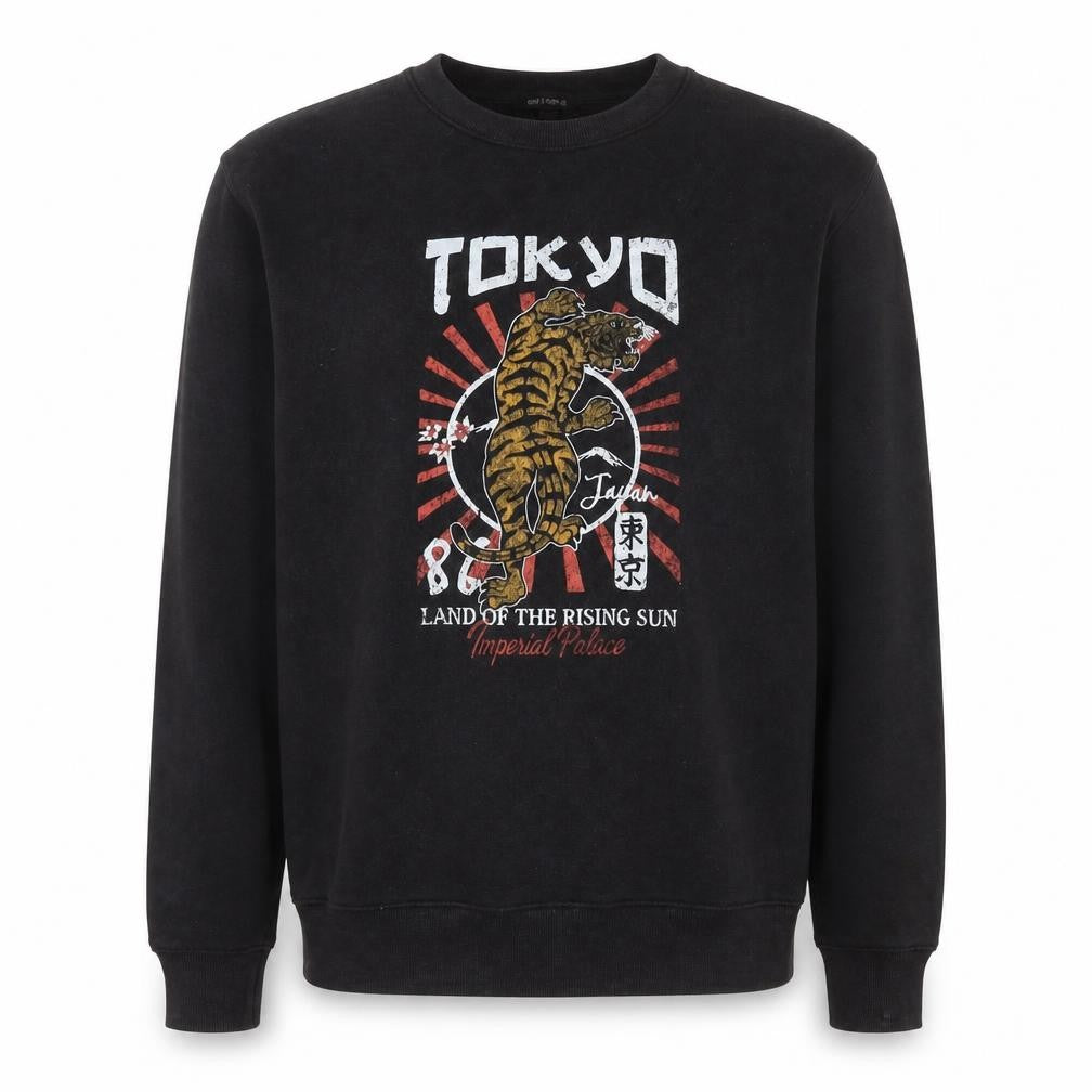 Front view of QED London Men's Black Tokyo Tiger Graphic Pullover Sweatshirt L