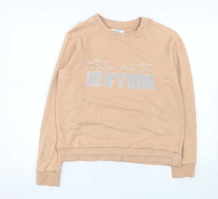 Next Women Beige 'New York' Cotton Crew Neck Pullover Sweatshirt M