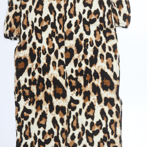 Lakarta Women Brown Leopard Print Midi Bodycon V-Neck Dress L