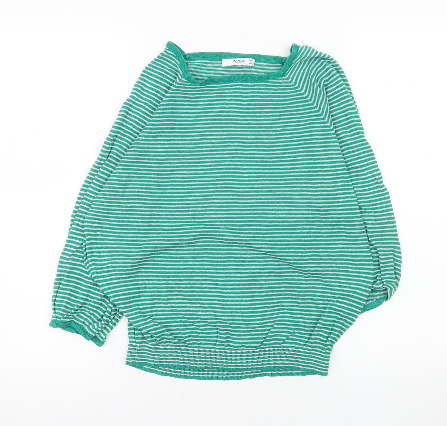 Mango Women's Green Striped 3/4 Sleeve Cotton Boat Neck Jumper Size 10