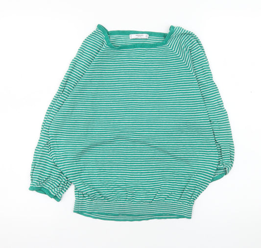 Mango Women's Green Striped 3/4 Sleeve Cotton Boat Neck Jumper Size 10