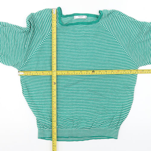 Mango Women's Green Striped 3/4 Sleeve Cotton Boat Neck Jumper Size 10