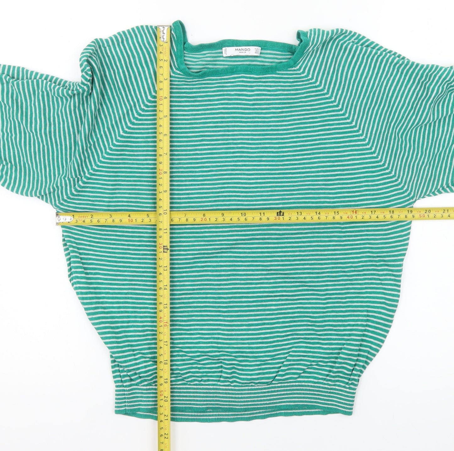 Mango Women's Green Striped 3/4 Sleeve Cotton Boat Neck Jumper Size 10