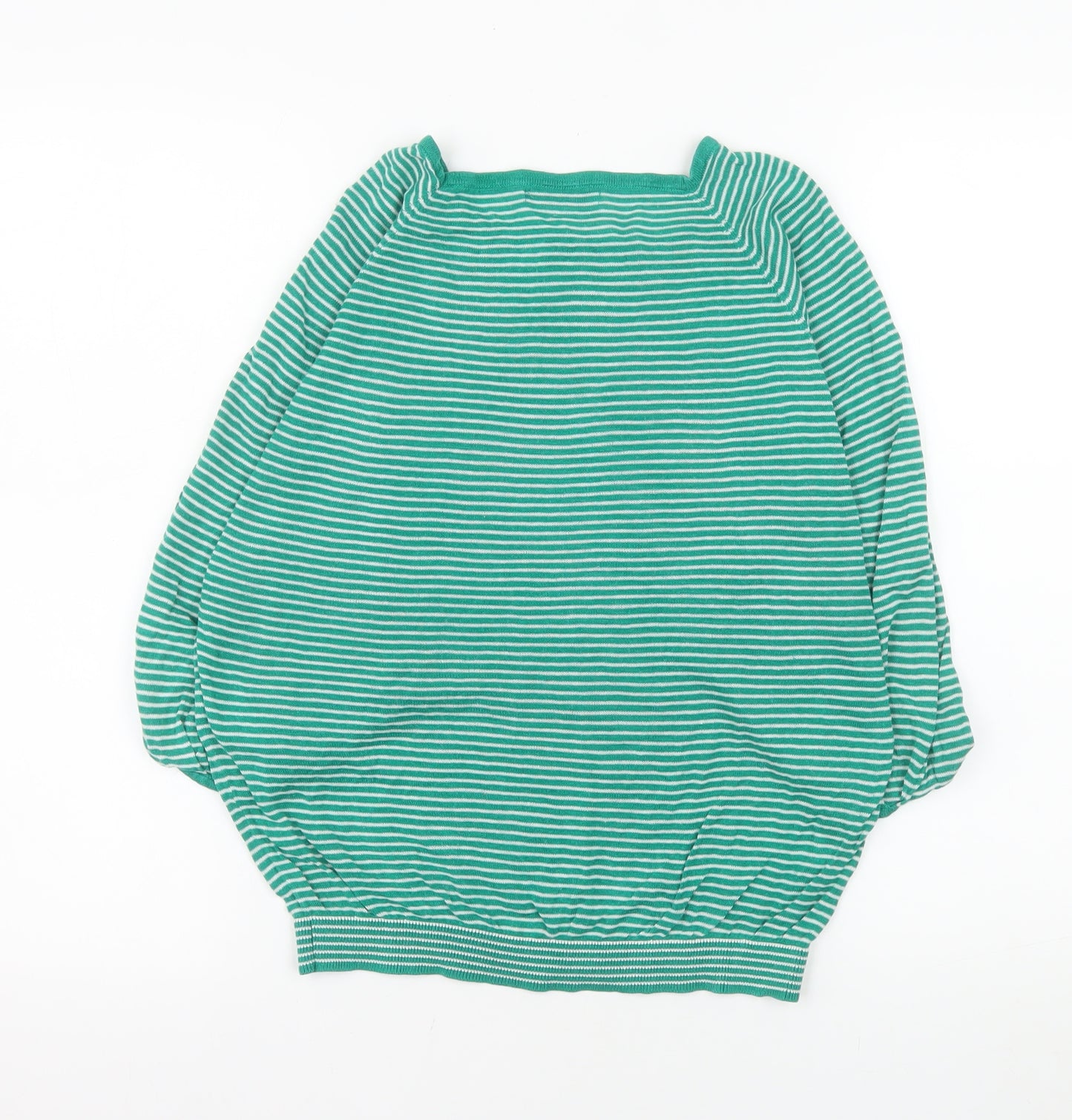Mango Women's Green Striped 3/4 Sleeve Cotton Boat Neck Jumper Size 10