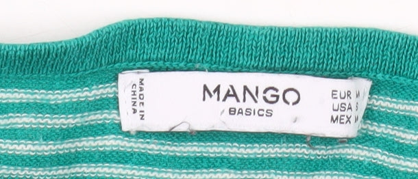 Mango Women's Green Striped 3/4 Sleeve Cotton Boat Neck Jumper Size 10