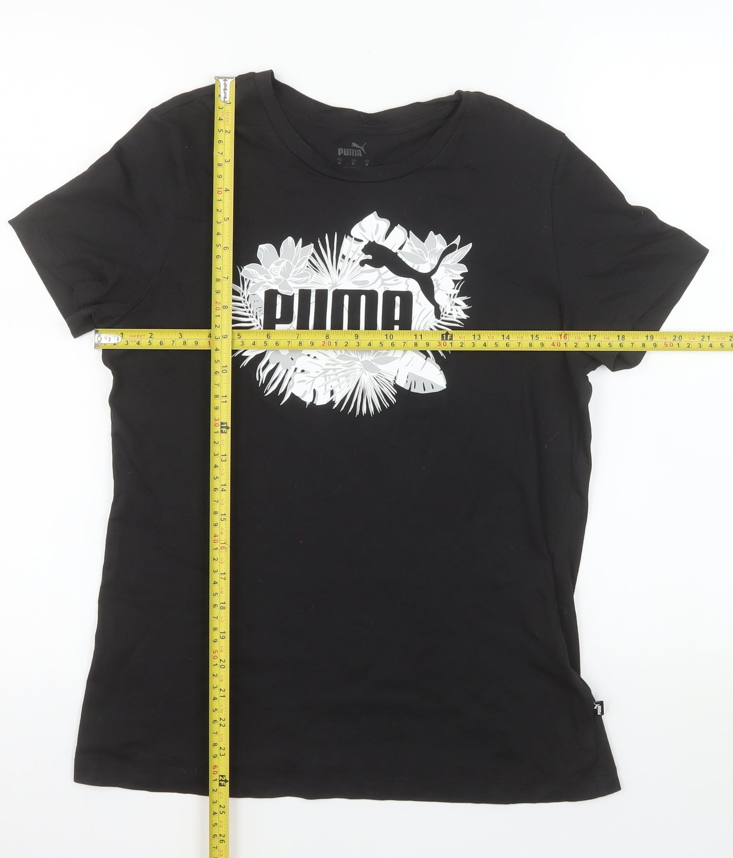 Puma Women's Black Floral Logo Crew Neck Short Sleeve T-Shirt M