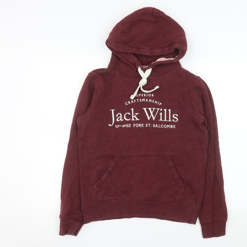 Jack Wills Women Burgundy Pullover Hoodie UK 8 Logo Print Cotton Blend