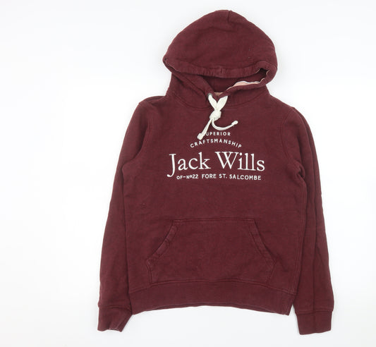 Jack Wills Women Burgundy Pullover Hoodie UK 8 Logo Print Cotton Blend