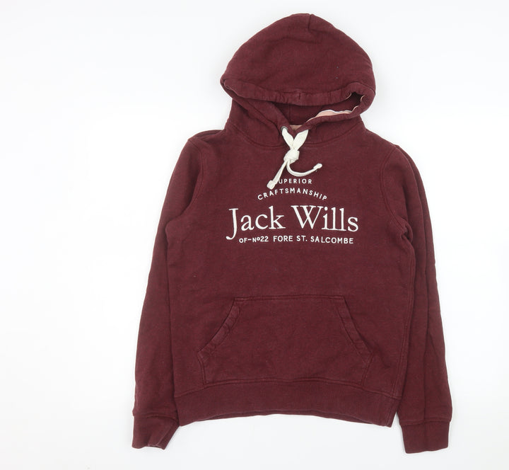 Jack Wills Women Burgundy Pullover Hoodie UK 8 Logo Print Cotton Blend
